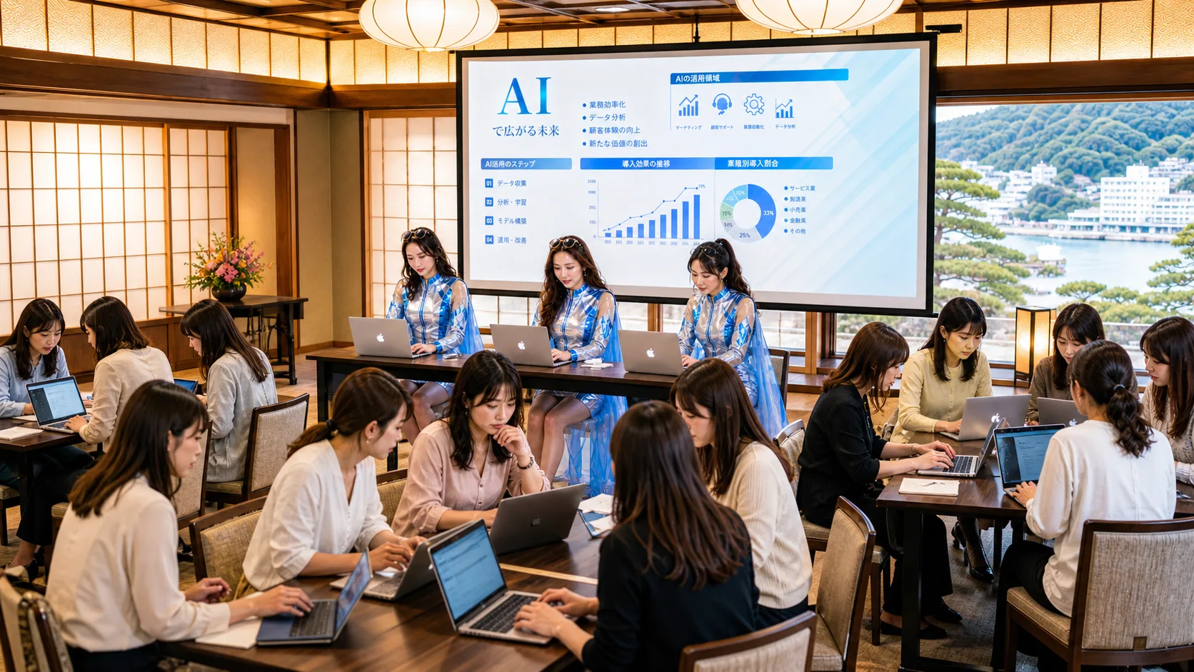 AI合宿でノートパソコンを開き集中作業するイメージ